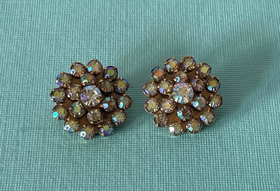 Vintage aurora borealis rhinestone clip on earrin… - image 1