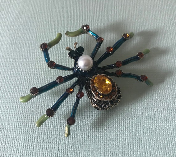Large rhinestone spider pin, blue spider pin, yel… - image 5