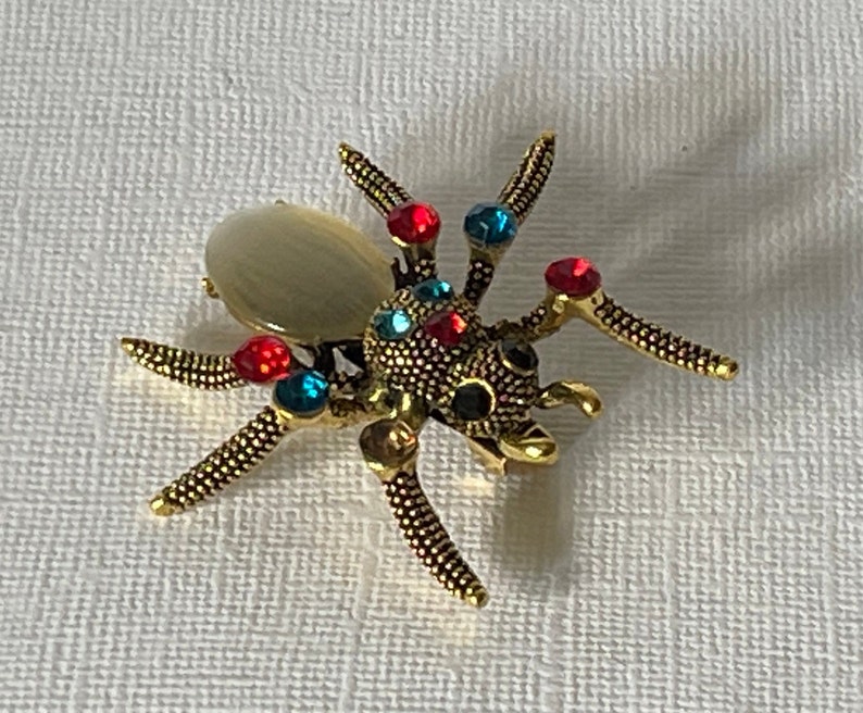 Gunmetal Aqua Blue Tarantula Spider Brooch - Beaded Body Rhinestone Pin For Halloween & Costume Jewelry