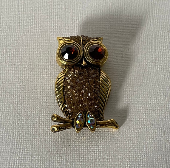 Vintage rhinestone owl pin, owl brooch, amber owl… - image 5