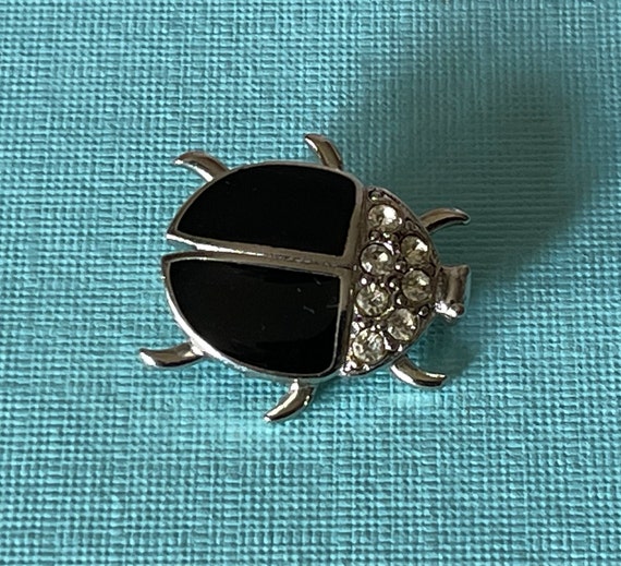 Vintage lady bug brooch, black beetle brooch, rhi… - image 1