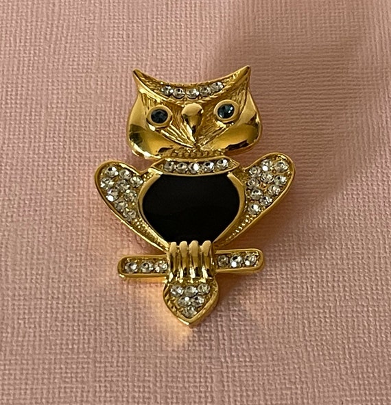 Vintage rhinestone owl pin, owl brooch, gold and b