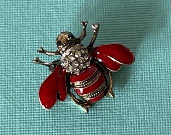 Red and gold rhinestone bee pin, bee pin, bee jewelry, bee brooch, red bee pin, bumble bee brooch, rhinestone bumble bee pin, insect pin