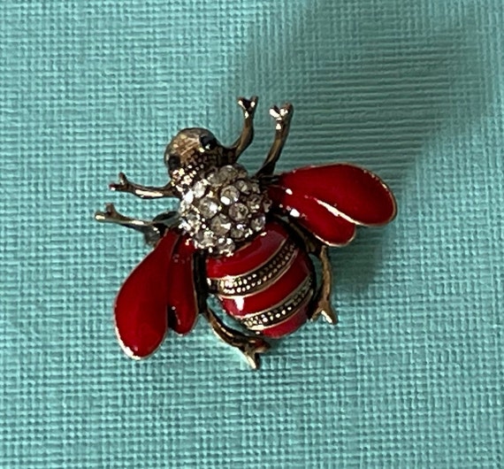 Red and gold rhinestone bee pin, bee pin, bee jewe