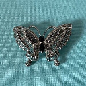 Silver and black rhinestone butterfly pin,  black rhinestone butterfly pin, silver butterfly pin, gray butterfly pin, butterflies insect pin