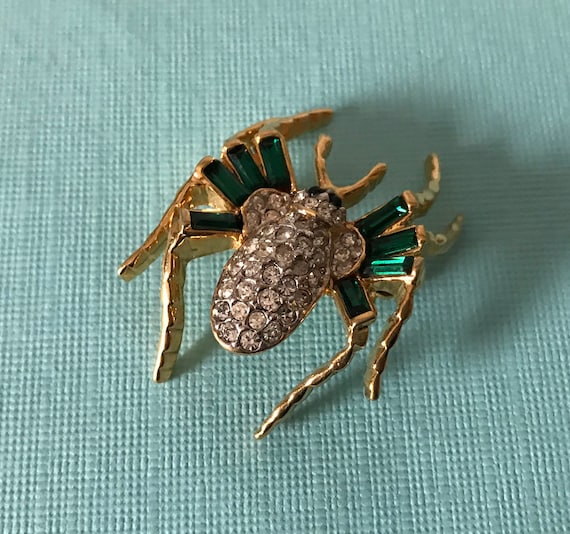 Vintage green rhinestone spider brooch, high end s