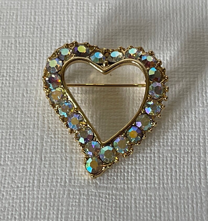 heart heart jewelry aurora borealis rhinestone heart pin Valentine/'s brooch wedding heart Vintage heart brooch Valentine/'s heart pin