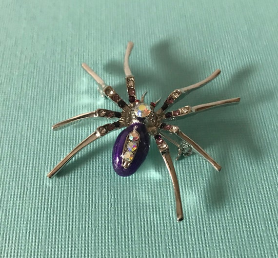 Rhinestone spider pin, purple spider pin, silver s