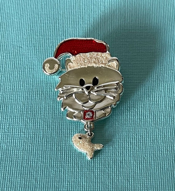 Vintage Christmas cat pin, Christmas pin, Christma