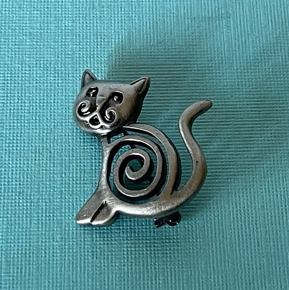 Vintage silver cat brooch, cat pin, pewter cat pin