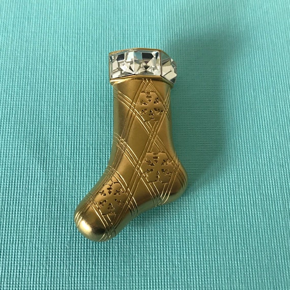 Signed Monet Christmas stocking pin, Monet stocking pin, gold stocking pin, rhinestone stocking pin, Christmas pin, Christmas pins, stocking
