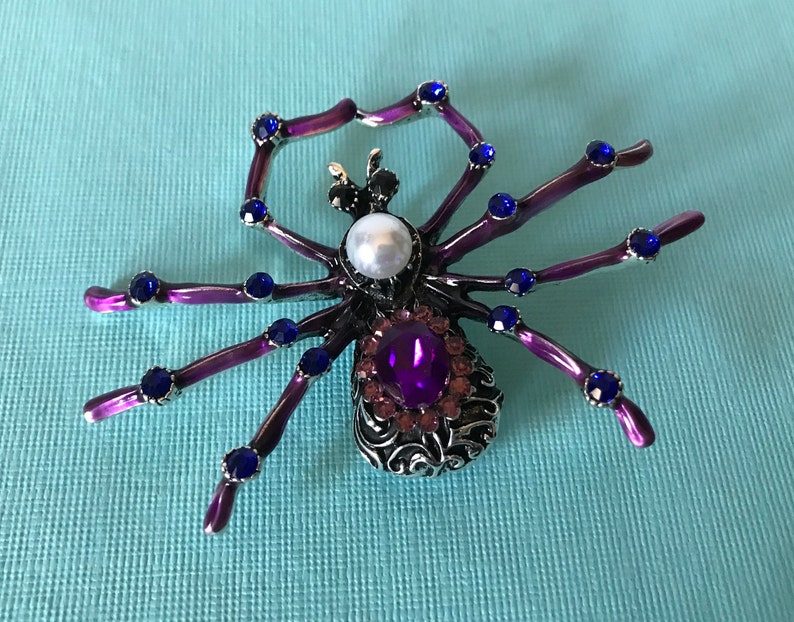 purple spider rhinestone spider pins faux pearl spider pin Large purple and blue rhinestone spider pin spider jewelry Halloween spider