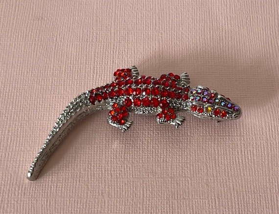 Rhinestone alligator pin, alligator brooch, croco… - image 1