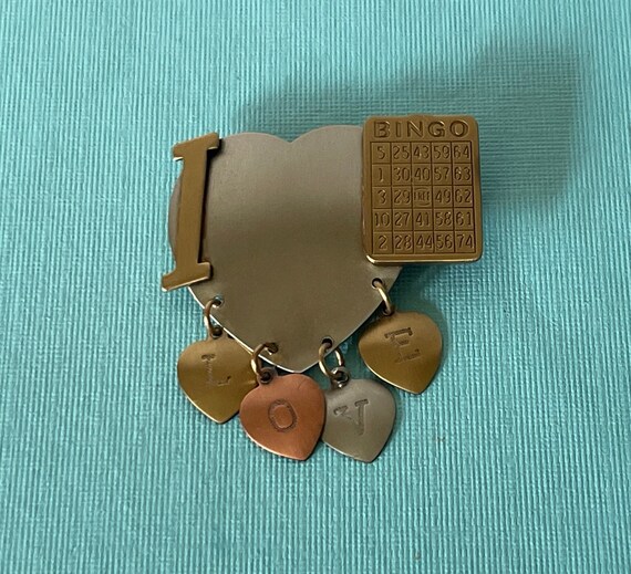 Vintage bingo brooch, I love Bingo pin, bingo jewelry, bingo brooch, i heart bingo pin, bingo dangle pin, gold bingo pin, silver bingo pin