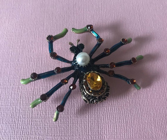 Large rhinestone spider pin, blue spider pin, yel… - image 6