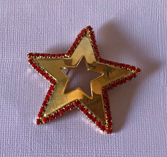 Vintage star brooch, red rhinestone star brooch, s