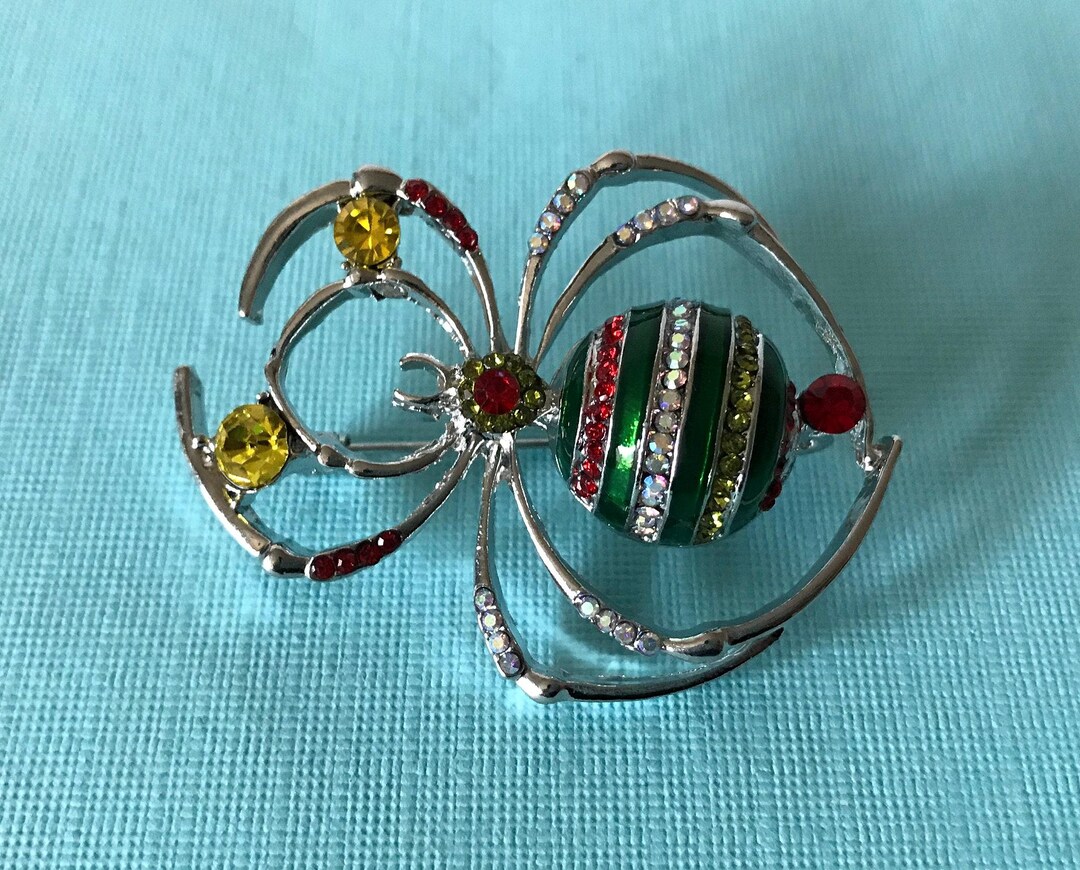 Rhinestone Spider Pin, Green and Yellow Spider Pin, Spider Brooch ...