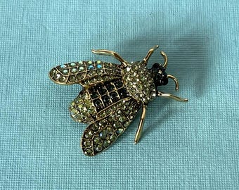 Green rhinestone bee pin, aurora borealis rhinestone bumble bee pin, rhinestone fly pin, fly brooch, green bee pin, bee jewelry, bee pin