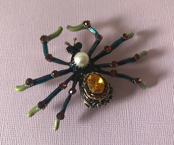 Large rhinestone spider pin, blue spider pin, yel… - image 3