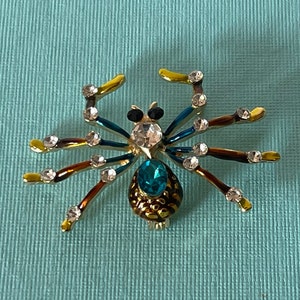 Halloween spider pin, blue rhinestone spider pin, yellow spider pin, spider jewelry, Halloween pin, spider brooch, rhinestone spider pins