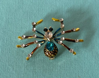 Halloween spider pin, blue rhinestone spider pin, yellow spider pin, spider jewelry, Halloween pin, spider brooch, rhinestone spider pins