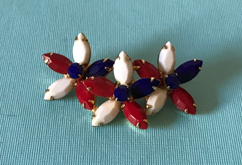 Vintage red white and blue flower brooch patriotic brooch image 0