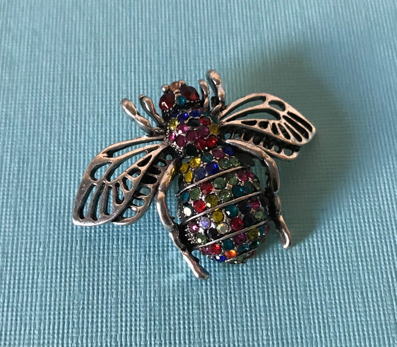 Rhinestone bumble bee pin, bee pin, bee jewelry, multi colored rhinestone bee brooch, bee brooch, rhinestone bumble bee pin, insect pins image 1