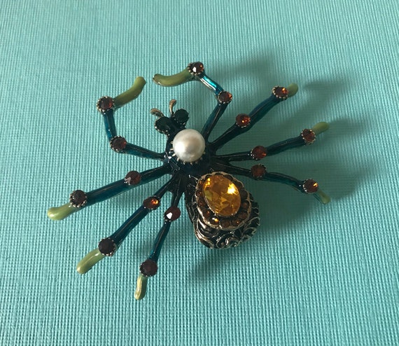 Large rhinestone spider pin, blue spider pin, yel… - image 1