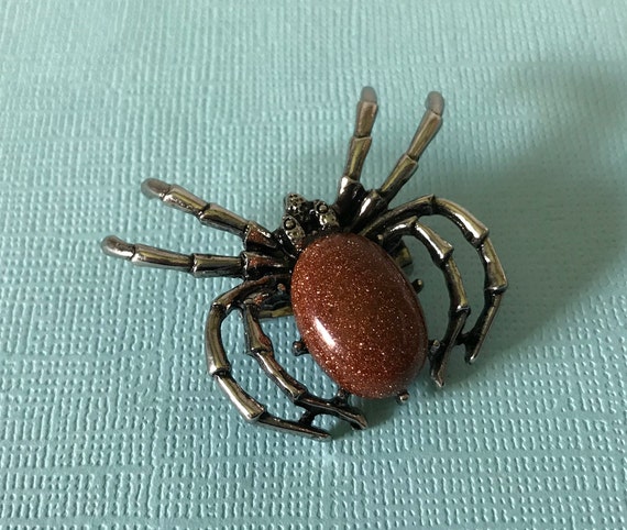 Gold sand stone spider brooch, rust spider brooch… - image 1