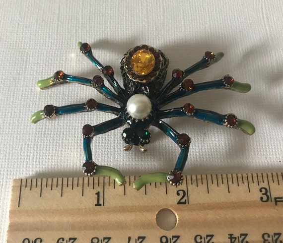 Large rhinestone spider pin, blue spider pin, yel… - image 8