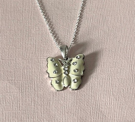 Vintage butterfly necklace, 20" necklace, rhinestone butterfly necklace, summer jewelry, butterfly jewelry, white butterfly necklace pendant