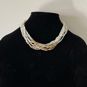 Vintage beaded necklace, white bead necklace, gold bead necklace, multi strand necklace, beaded jewelry, statement necklace, gold necklace
