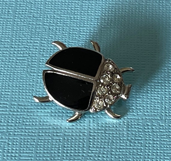 Vintage lady bug brooch, black beetle brooch, rhi… - image 7