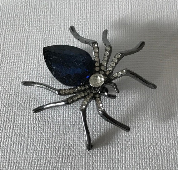 Blue rhinestone brooch, black and blue spider pin… - image 3