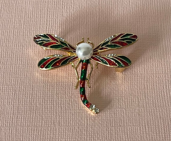 Rhinesotne dragonfly pin, faux pearl dragon fly p… - image 2