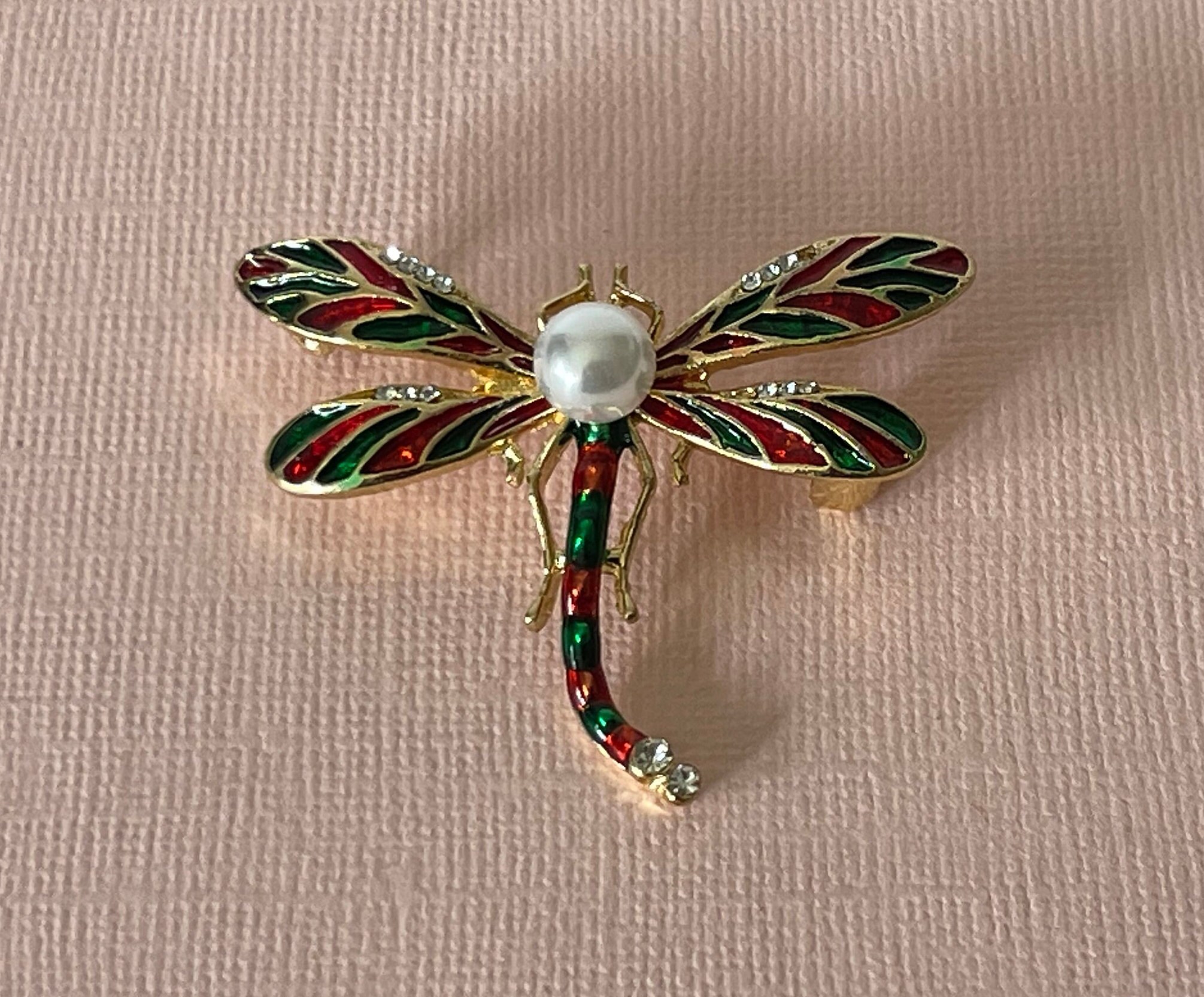 Rhinesotne dragonfly pin, faux pearl dragon fly pin, red and green dragon fly brooch, dragonflies, insect pin, rhinestone dragonfly pins