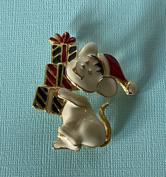 Vintage Christmas mouse pin, trembler pin, Christ… - image 8