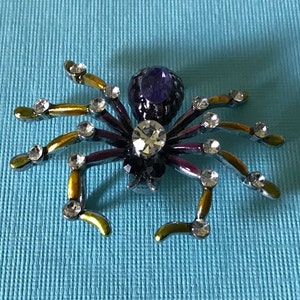 Purple and yellow rhinestone spider brooch, spider pin, spider jewelry, Halloween spider pin, purple rhinestone spider pin, yellow spider