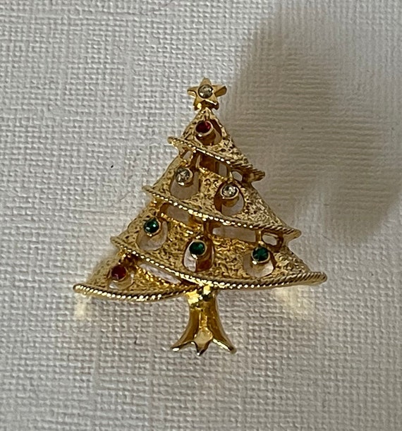 Vintage Christmas tree brooch, gold Christmas tre… - image 3