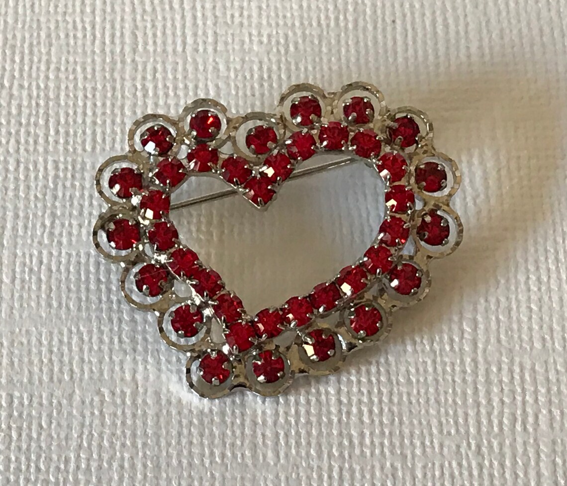 Vintage Red Rhinestone Heart Brooch Red Heart Pin Etsy