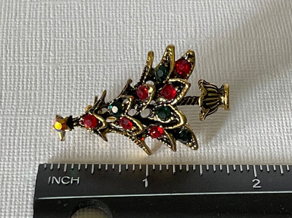 Rhinestone Christmas tree pin, green and red Chri… - image 3