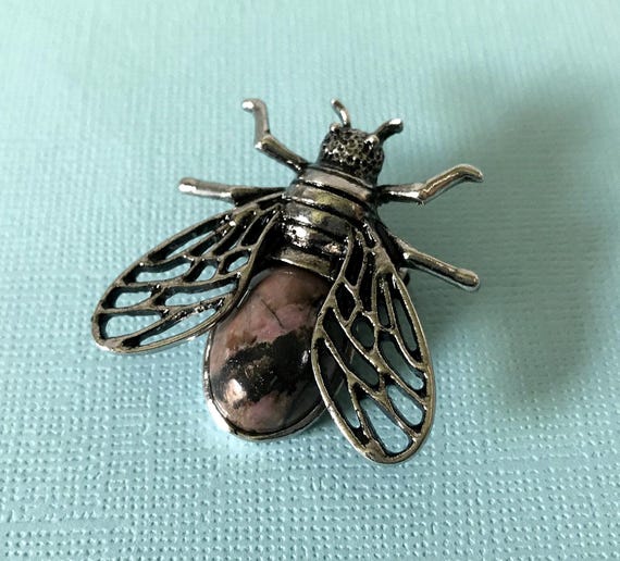 Rhondonite bee brooch, pink bee pin, silver bee brooch, bee jewelry, bumble bee pin, bumble bee pin, rhondonite bee brooch, insect pin