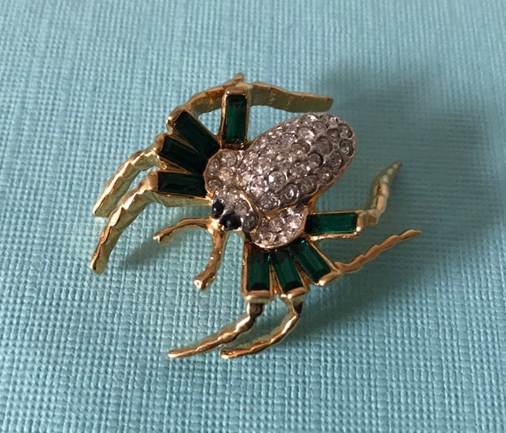 Vintage green rhinestone spider brooch, high end … - image 4