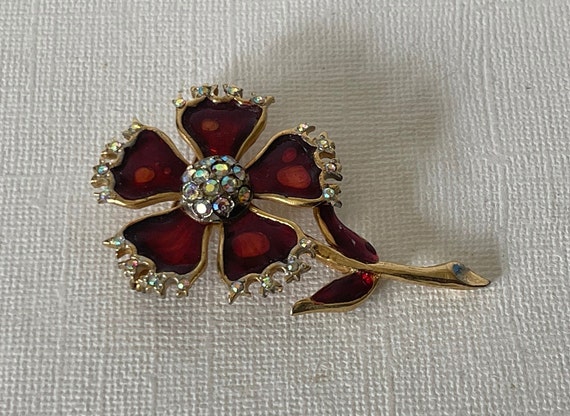 Vintage flower brooch, red flower brooch, daisy f… - image 3