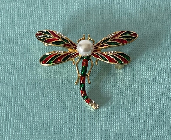 Rhinesotne dragonfly pin, faux pearl dragon fly p… - image 3