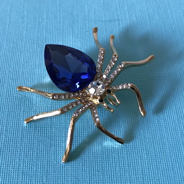 Blue rhinestone spider pin, spider brooch, insect pin, gold spider pin, blue rhinestone spider pin, spider jewelry, blue spider pin,