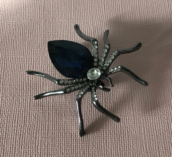 Blue rhinestone brooch, black and blue spider pin… - image 6