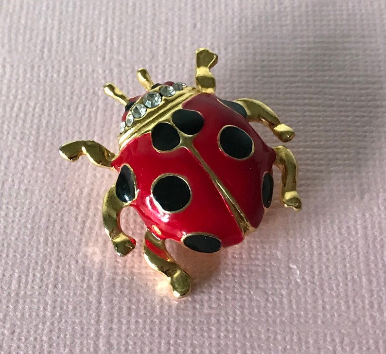 Vintage lady bug brooch, signed lady bug brooch, rhinestone lady bug pin, lady bug jewelry, ladybug pin, vintage ladybug brooch, beetle pin image 2