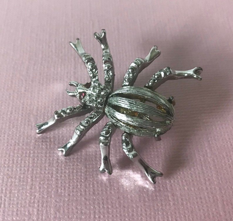 Vintage Silver Marcasite Spider Pin With Purple Rhinestone Etsy