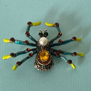 Large tarantula brooch, rhinestone spider pin, spider jewelry, wedding spider, lucky spider, blue spider pin, yellow spider, big spider pin image 3